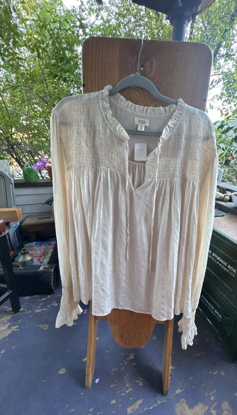 3X Smocked Long Sleeve Ruffle Neck Blouse Ivory